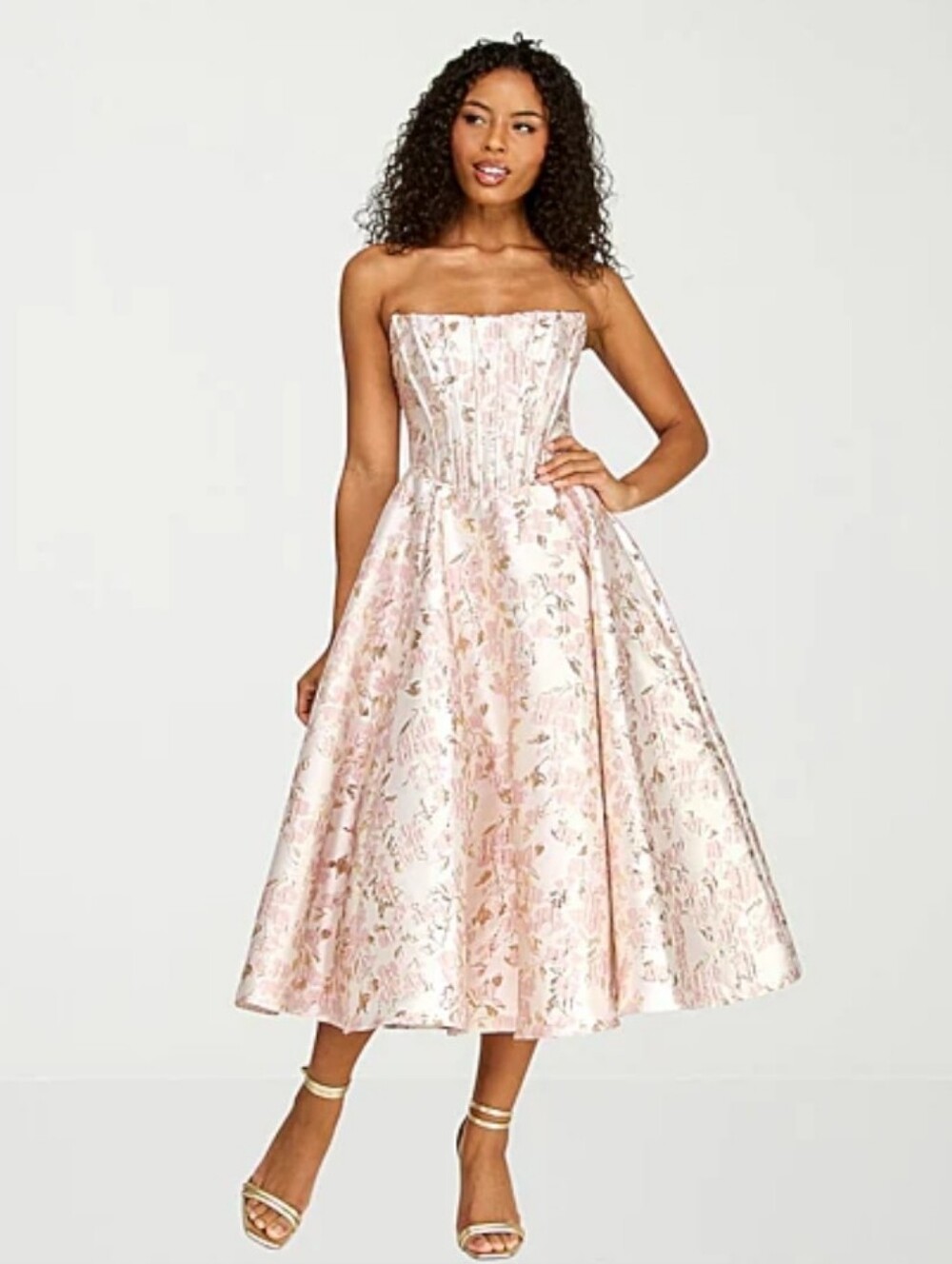 Premier Amour Womens Strapless Floral Midi Fit + Flare Dress